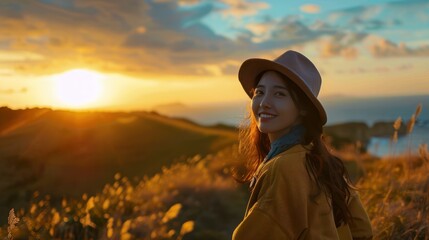 Happiness Asian casual traveller female woman portrait shot with beautiful landscape her wonderful experience along the solo travel near ocean lake trip in sunset europe