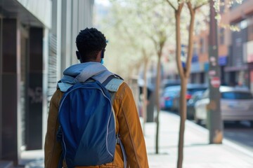 Young African-American man walking in city, wearing mask Rear view of a young African-American man in his 20s walking on a city sidewalk, carrying a backpack, wearing casual clothing. He is wearing a 