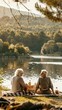 © Denisa - An elderly couple relaxes by the lake, savoring snacks and the beauty of nature during sunset