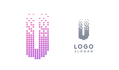 Pixelated Letter U transitioning into scattered pixels with gradient colors creating modern, digital effect like equalizer. Abstract logo for tech software and digital media. Vector illustration.
