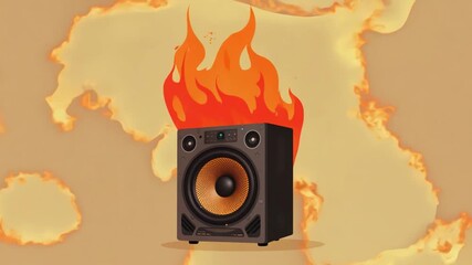 Poster - A speaker emits sound waves while flames rise around it, creating a dynamic contrast against a soft, abstract background.