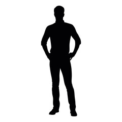 Poster - vector silhouette of a man dressed in a shirt and jeans standing with hands on hips, side view