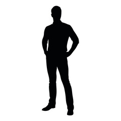 Canvas Print - vector silhouette of a man dressed in a shirt and jeans standing with hands on hips, side view