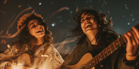 Wall Mural - Cheerful young friends musicians playing a guitar by a bonfire at a campsite on summer night.