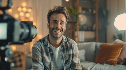 Smiling Man Being Interviewed on Camera. Cheerful man in a casual shirt sitting for an on-camera interview in a cozy room, giving a sense of approachability and openness.