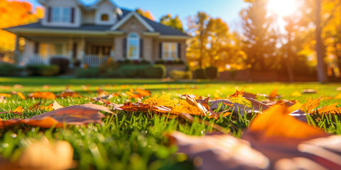 Wall Mural - Fallen autumn leaves on perfect manicured lawn on a backdrop of residential house backyard. Fall season, sunny day outside.