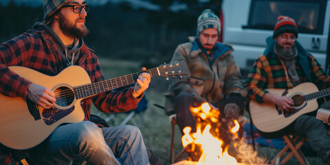 Wall Mural - Cheerful young friends musicians playing a guitar by a bonfire at a campsite on summer night.