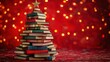 © furyon - whimsical christmas tree crafted from a tower of colorful books warm lighting and a festive red background create a cozy literary holiday atmosphere