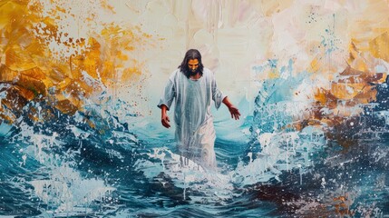 Vibrant portrait of Jesus walking on water in a Christian painting. Concept Christian Art, Jesus, Bible Stories, Miracles, Water Scenes