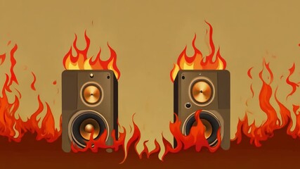 Poster - Two speakers emit sound while engulfed in vibrant flames, creating a striking contrast against a warm background.