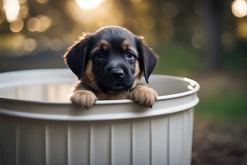 Wall Mural - puppy bucket wet dog bathe dachshund laundered grooming tub fur pet baby cute long hair breed blond white brown basin clean doggy small short furry studio gold canino little animal sitting isolated