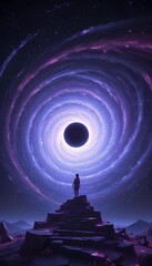 Wall Mural - A silhouetted figure standing on a cliff overlooking a swirling, colorful vortex or black hole in the night sky