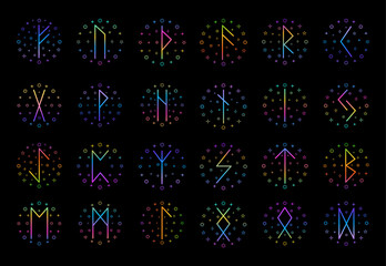 Collection of scandinavian runes in line art style on black background.Gradient colors