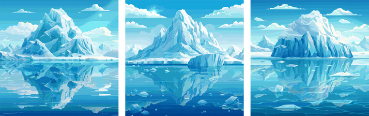 Canvas Print - Ocean iceberg cartoon vector scenes. Snow sea clouds sky ice blue crystal azure arctic water mirror nature frozen landscape glacier winter frigid cold artworks