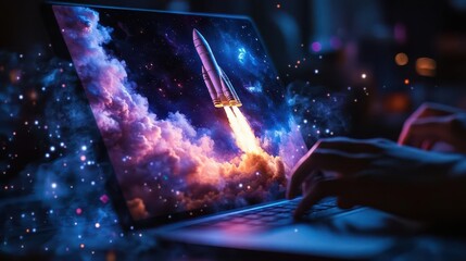 Wall Mural - futuristic laptop projecting holographic rocket launch swirling cosmic dust and stars around device persons hands interacting with 3d space elements