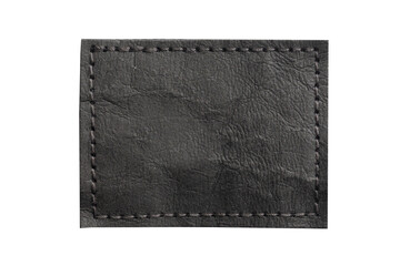 black leather frame. belt strap closeup isolated on white. black stitched leather seam frame. label 