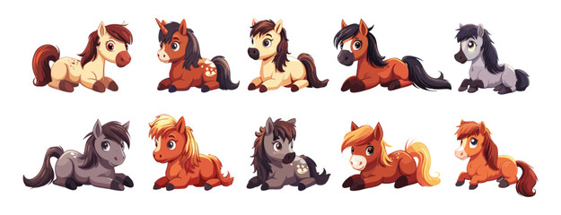 Sticker - Ponies cartoon vector concepts. Little horses fur tail mane characters fairy colorful animals fantasy playful equine animation creative fun drawing children isolated illustrations