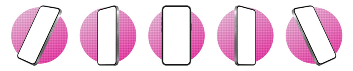 Poster - Mockup of a phone screen. Social media promotion. Advertising on a smartphone display. Device front view. 3D mobile phone. Cell phone. Pink round frames with modern texture