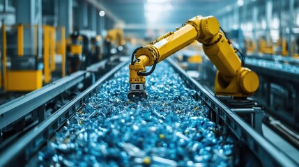 Wall Mural - hightech recycling facility with advanced sorting machine closeup of robotic arms precisely separating plastics amidst a backdrop of conveyor belts and sustainable technology