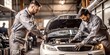 © Anelya - Auto service, car repair, man fixing a car in the garage, working on cars, mechanic repairing a car. Auto repair services, illustration of a service station.