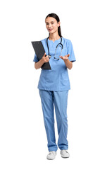 Wall Mural - Smiling nurse with clipboard holding something on white background