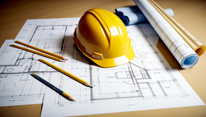 blueprint floor plan architectural project on the table with yellow helmet and pencil
