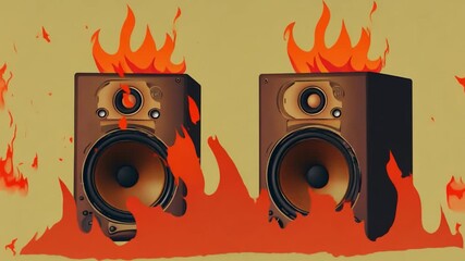Poster - Two vintage speakers engulfed in vibrant flames, set against a simple beige background, creating an intense visual contrast.