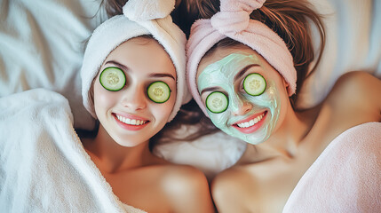 Two girlfriends with mask and cucumber slices on their faces are lying on the bed and smiling happily