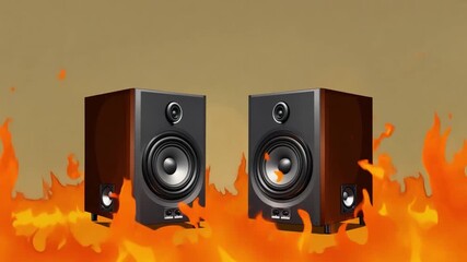 Poster - Two black speakers release sound waves while surrounded by vibrant flames, creating a striking visual contrast against a neutral backdrop.