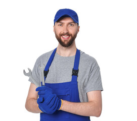 Wall Mural - Professional auto mechanic with tools on white background