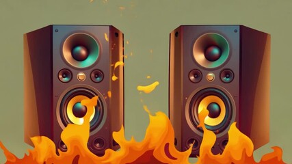 Poster - Fierce flames engulf dynamic audio speakers, creating an intense visual contrast that emphasizes sound and energy in a creative artwork.