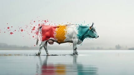 Wall Mural -   An Italian-flag-painted cow stands in a body of water