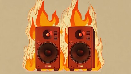 Poster - Two speakers are depicted with vibrant flames rising from them, symbolizing excitement and energy in a creative artistic representation.