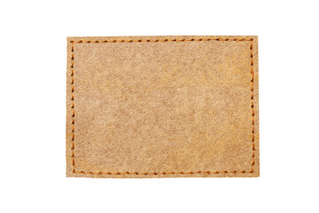 brown leather belt strap closeup isolated on white. brown stitched leather seam frame label tag isol