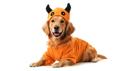 funny golden retriever dog posing for halloween in a costume isolated on white background, vintage, png