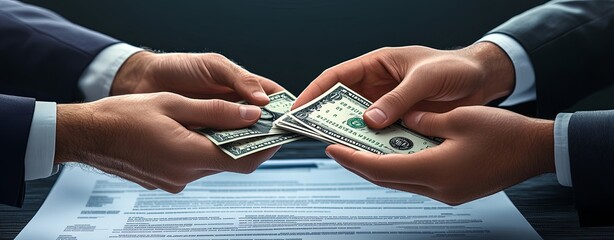 3D cartoon style close-up of hands exchanging money, a financial document in the background, clean space for copy above, soft ambient light, more clarity with clear light and sharp focus, high