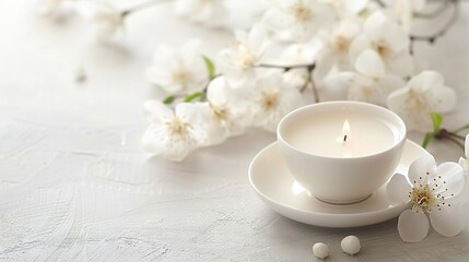 Wall Mural -   A close-up of a cup and saucer with a candle on a saucer and white flowers in the background