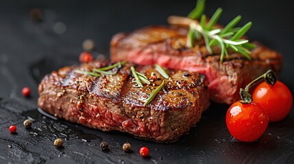 Wall Mural -   A pair of juicy steaks resting atop a dark table, alongside a ripe red tomato and a fragrant sprig of rosemary