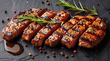 Wall Mural -   Close-up of a cut of meat on a cutting board with a sprig of rosemary on top