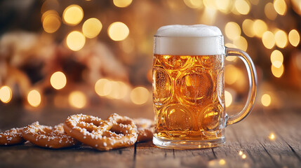 Wall Mural - Oktoberfest  party. German tradition, Glass full of bear and tasty pretzels. 