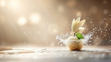 Poster -   A photo captures a close-up of a flower on a table with water droplets splashing on it, against a soft background illumination