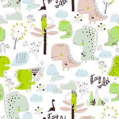 Wall Mural - Vector seamless pattern with cartoon dinosaurs isolated on white background