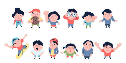 Wall Mural - Children look up. Flat kids top view, angry surprised happy teenagers and toddlers. Kindergarten group, emotional girls and boys, recent vector set