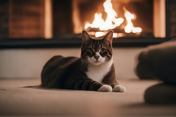 relaxing fireplace cat fire sitting sleeping enjoying pet oven stove lazy blanket warmness cosy warmth comfortable living room inside winter snow window snowy tree wood pillow fur grey animal