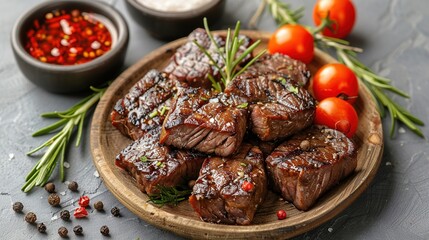 Wall Mural -   A close-up photo of a platter of food with meat and tomatoes on a table beside a bowl of seasoning