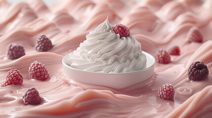 Wall Mural -   A bowl brimming with whipped cream topped with raspberries atop pink-frosted icing