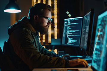 Young man programmer working in office at workplace station