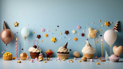 Wall Mural -  A table adorned with numerous cupcakes, frosted to the brim, surrounded by balloons and star-shaped confetti