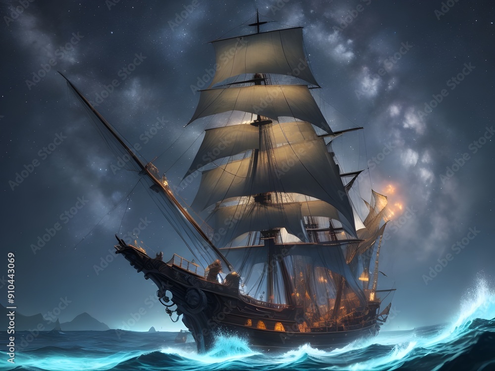 Pirate ship sailing into a bioluminescence sea with a galaxy in the sky ...