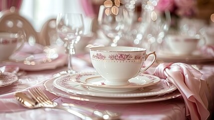 Wall Mural -   A macro shot of a dish with a mug and teapot positioned on a tablecloth, showcasing the fine details